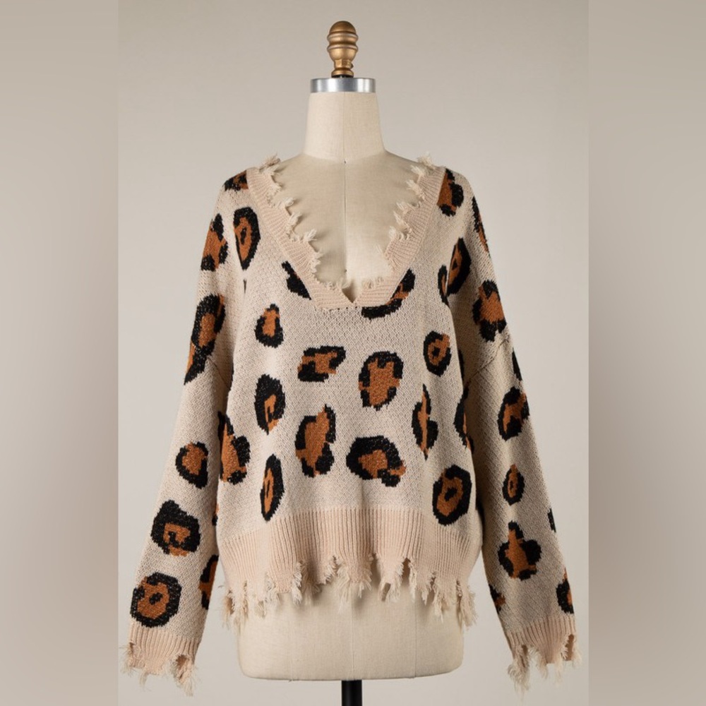 87B. Animal Print Distressed Hem Sweater - Beige